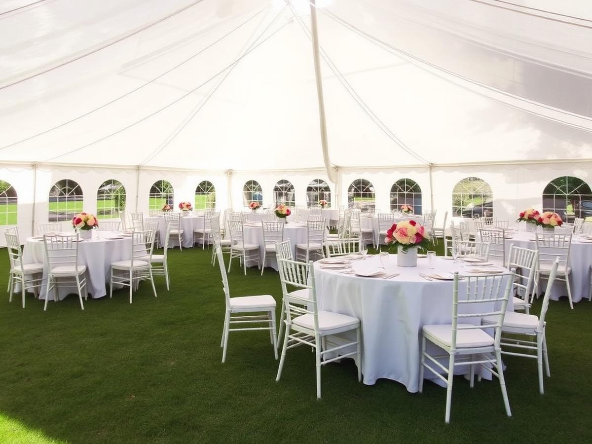White frame tent installation on a lawn